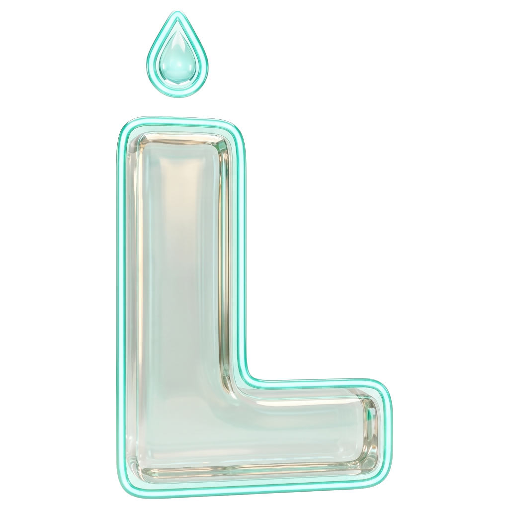 LAYA clear glass L with a double turquoise outline and a droplet
