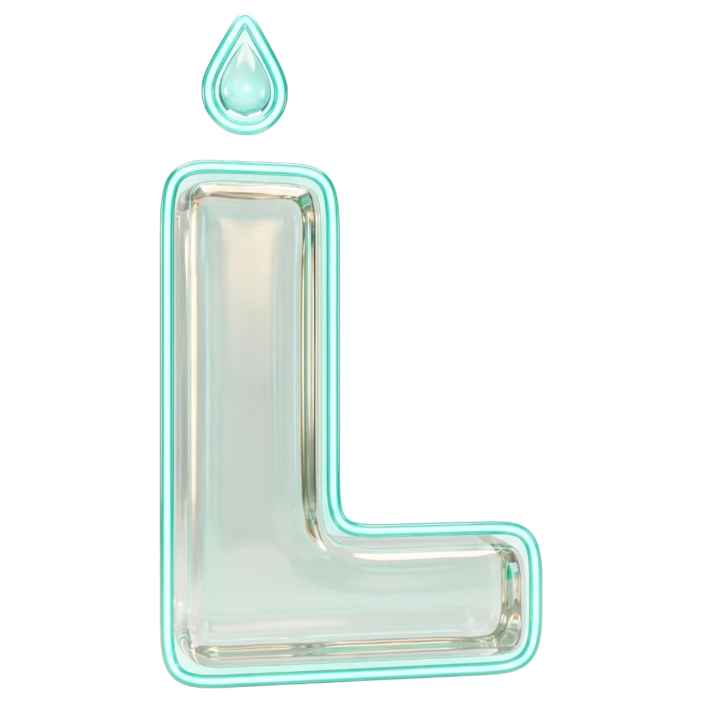 LAYA clear glass L with a double turquoise outline and a droplet above the stem